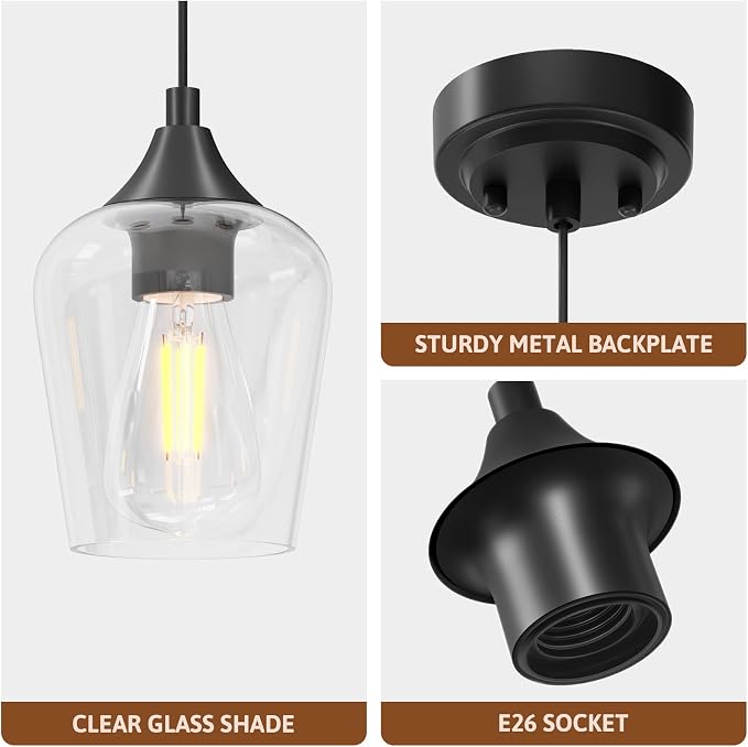 VONLUCE Black Pendant Light for Kitchen Island, Set of 2 | E26 Base, Adjustable Hanging Cable, Clear Glass Shade, Modern Design for Living Room Bedroom Hallway