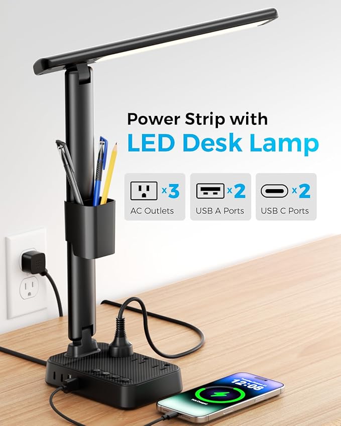 LED Desk Lamp with Power Strip, 3 AC Outlets, 4 USB Ports, Stepless Dimming | 2800K-6500K Color, 2 USB-C, Foldable Design, Timer & Memory, Study, Home Office & College Dorm, 10FT