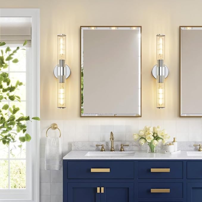 Bathroom Vanity Light Fixtures, Chrome Wall Sconce in Threaded Glass, Modern Wall Light Up and Down Wall Mount Lamp for Bathroom, Living Room, Hallway, Kitchen - Bulb Not Included