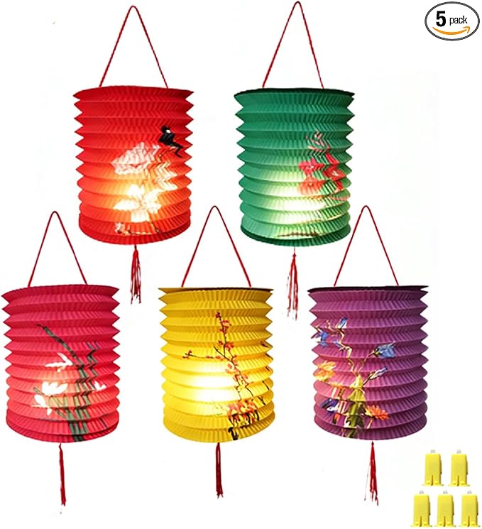 5PCS Paper Lanterns Chinese Japanese Paper Lanterns Japanese Decorative Hanging Paper Lanterns with LED Lights 6.3inch Colorful for Spring Festival Valentine Party Lunar New Year Decor (5)