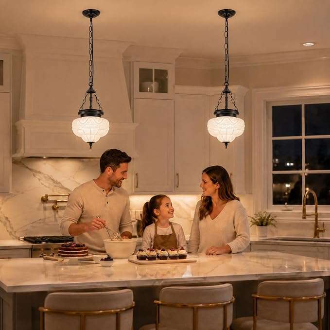 Vintage Matte Black Pendant Light for Kitchen Island, Handblown Textured Milky Glass Hanging Light Fixture, Adjustable Height E26 Pendant Lighting for Dining Room Entryway Hallway