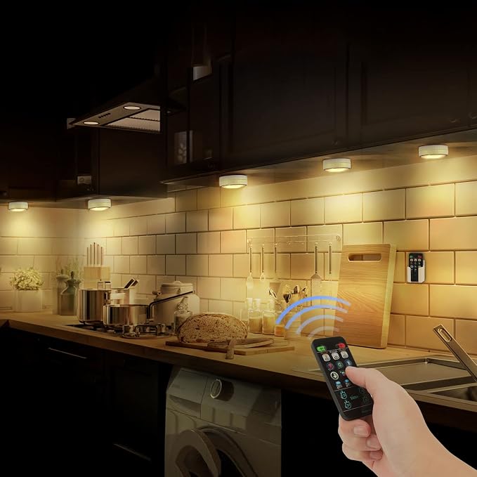 Onumii LED Puck Lights with Remote Control, Battery Operated Under Cabinet Lighting, Wireless Stick-On Color Changing Timer Lights for Kitchen Cabinets, Closets, Shelves - 2 Pack, White