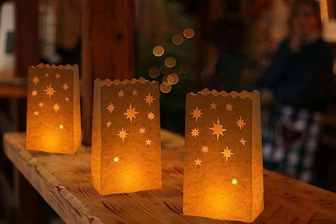 White Paper Luminary Bags - 50-Pack Candle Lantern Bags, Fire-Retardant, Star Luminaries for Christmas, Weddings, Birthday Party Valentine's Day Decoration, 5.9 x 10 x 3.5 Inches