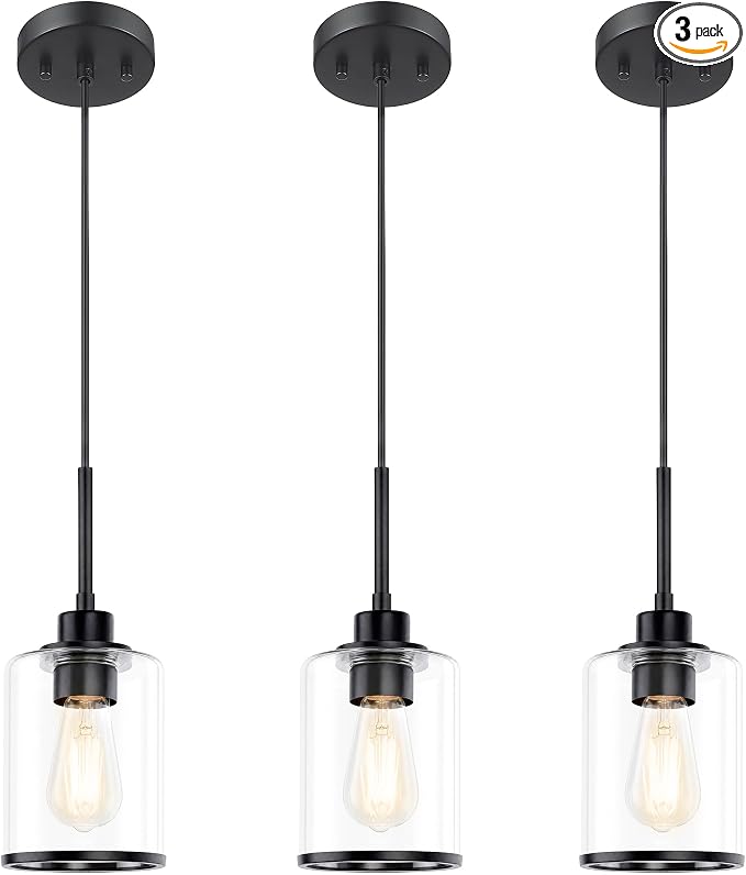 Beionxii 3 Pack Pendant Lights Kitchen Island, Clear Glass Pendant Lights | Matte Black Finish, E26 Base, UL Listied, Adjustable Hanging Height for Living Dining Rooms Bedrooms Foyers, BX-PL02MB-3CG