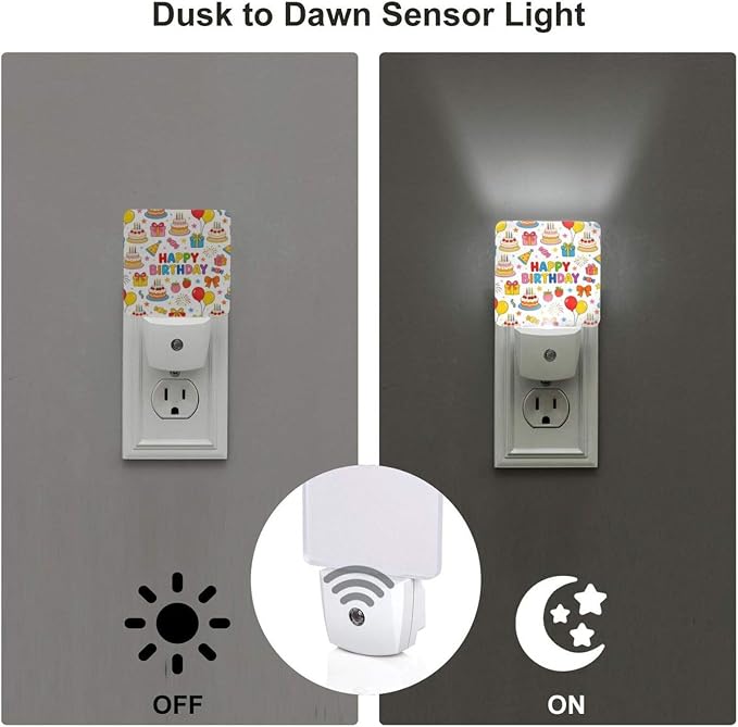 Birthday Cake Balloon LED Plug-in Night Light 2-Pack, Auto Sensor Nightlights Set of 2 for Bedroom Bathroom