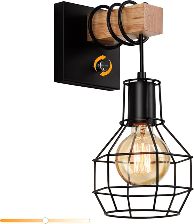 Lightess Farmhouse Wall Light with Switch Hardwired Dimmable Wall Sconce | Metal Black Cage Shade Delivers Wide Light Handy Dimmer Switch, Rustic Wall Lamp Perfect For Kitchen Living Room Indoor Decor