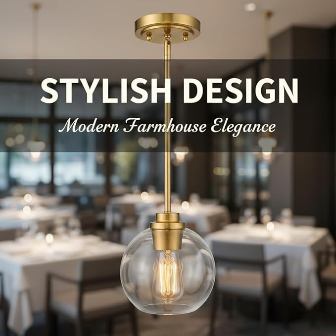 Globe Pendant Lights Kitchen Island, Farmhouse Gold Pendant Light with Clear Glass Globe Shade, Adjustable Hanging Light Fixture for Dining Room, Entryway & Over Sink Lighting