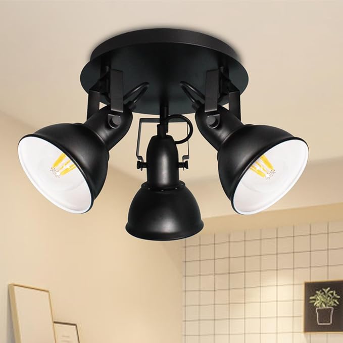 HiBay Ceiling Light Fixtures, 3-Lights Adjustable LED Spotlight Black | Industrial Track Lighting with Round Plate for Kitchen, Living Room, Office, E26 Base, Black (Bulbs Not Included)