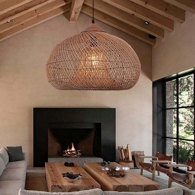 Large Oversized Bamboo Light 19.7inch Hand Woven Wicker Chandelier 1-Light E26 Base for Stairwell, Hallway, Entryway, Indoor Lighting