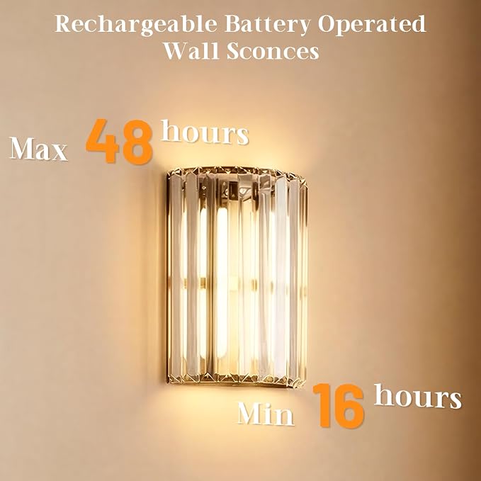 Black Battery Operated Wall Sconces Set of Two, Crystal Wireless Wall Light with Remote, Rechargeable Cordless Wall Lamp 12 RGB and 3 CCT Dimmable Decor for Bedroom Living Room Hallway