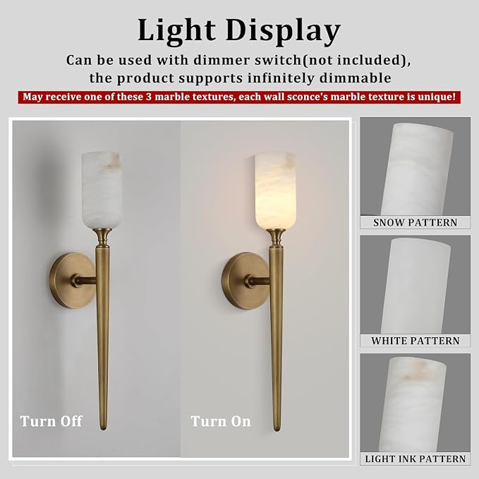 Alabaster Wall Sconces Set of Two, 22in Modern Spanish Natural Marble Bathroom Vanity Sconces, Brass Alabaster Sconce Wall Lighting, Gold Wall Light Fixtures Decor for Bedroom Living Room Staircases