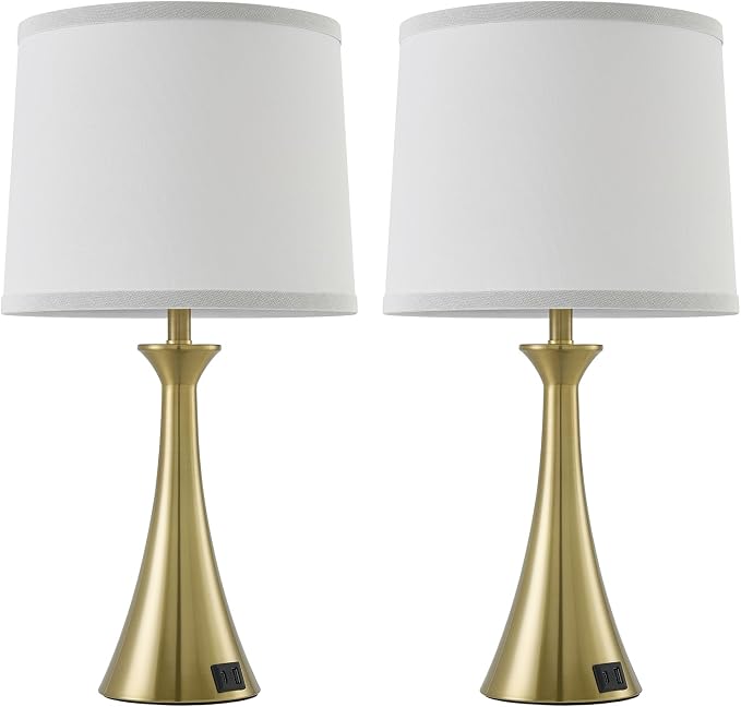 Touch Lamp for Living Room Bedroom, 21" Table Lamps Set of 2 with USB C+A Ports and White Lamp Shades, 3 Way Dimmable Gold Touch Bedside Lamps for Nightstand, 2 LED Bulbs Included