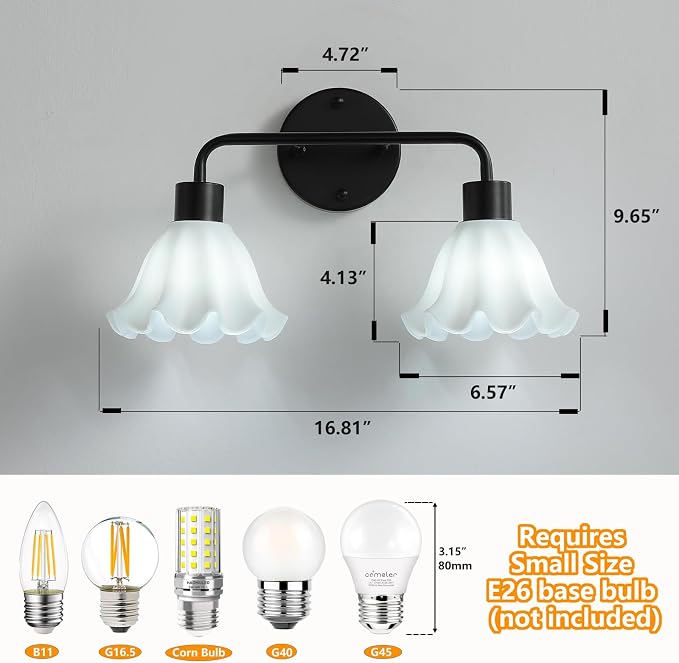 2 Light Black Bathroom Light Fixture,Modern Black Vanity Lighting Over Mirror,Cute White Glass Flower Lampshade,Wall Sconces,E26 Socket(Bulbs Not Included)