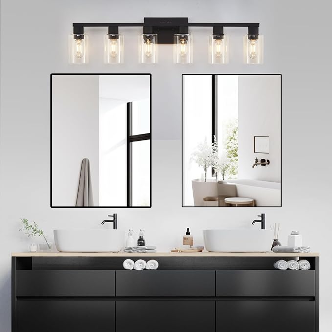 6 Light Bathroom Vanity Light, Matte Black Vanity Light Fixtures, Large Vanity Lights for Bathroom, Farmhouse Light Fixtures with Clear Glass Shade for Bathroom Over Mirror