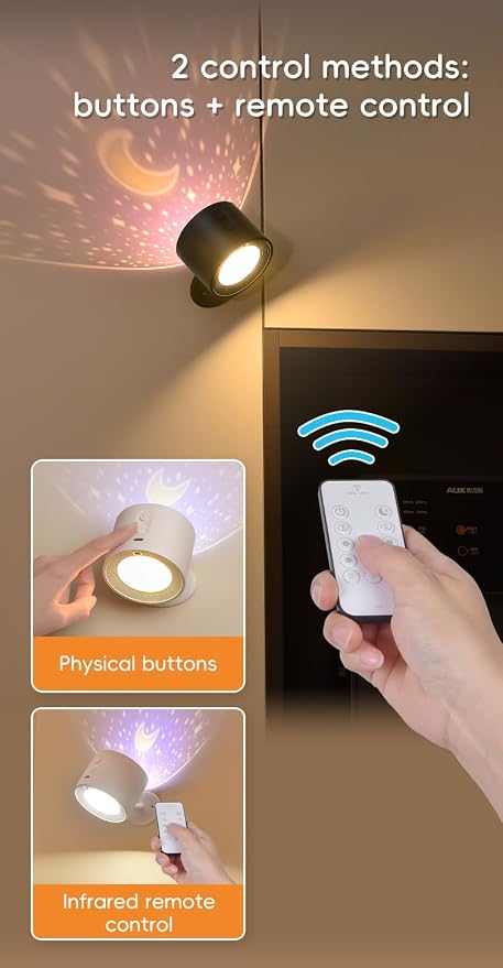 LED Wall Mount Light with Projection Rechargeable Wall Light, 3 Color Temperatures, Remote Control and Touch, 360° Rotating Dimmable Cordless Wall Light for Study Bedroom Reading Bedside (black)