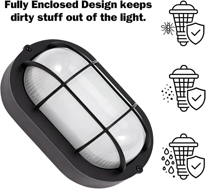 GRUENLICH LED Bulkhead Light Fixture, Aluminum Outdoor Wall Lantern, 8.5" | Oval Exterior Porch Light Wall Sconce for House Walkway Nautical Sauna, Dimmable 6W 600 Lumen, Glass, 5000K, Black, 2 Pack