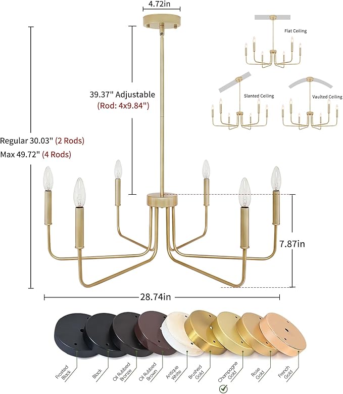 Gold Chandelier, 6-Light Farmhouse Chandeliers for Dining Room, Rustic Candle Chandelier Light Fixture, Industrial Modern Chandeliers Lighting for Kitchen Living Room Foyer Entrance