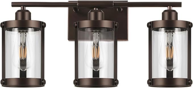 3-Light Oil Rubbed Bronze Bathroom Light Fixtures Over Mirror with Clear Glass and Metal Cage Shade, 21" UL-Listed Modern Farmhouse Wall Sconce for Bath, Hardwire E26, OS-3014ORB-3W
