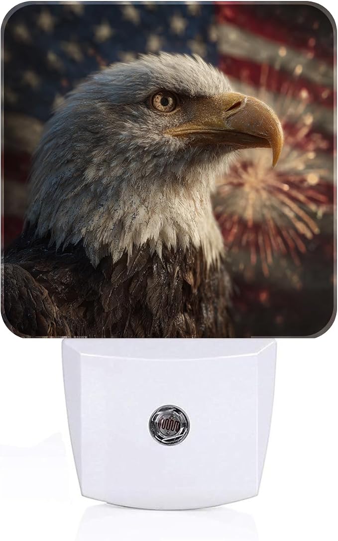 Bald Eagle Night Light,American Flag Plug Into Wall for Boys Girls Bedroom Decorative Square Night Light Lamp 0.5w Sleep Friendly