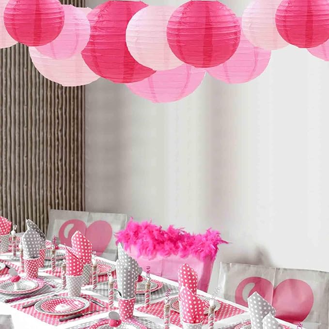 GAKA Pink Paper Lanterns Decorative,12pcs,4 inch 6 inch 8 inch 10 inch Round Paper Hanging Decorations,Chinese Lanterns Lamps for Wedding Birthday Home Classroom Party Decoration