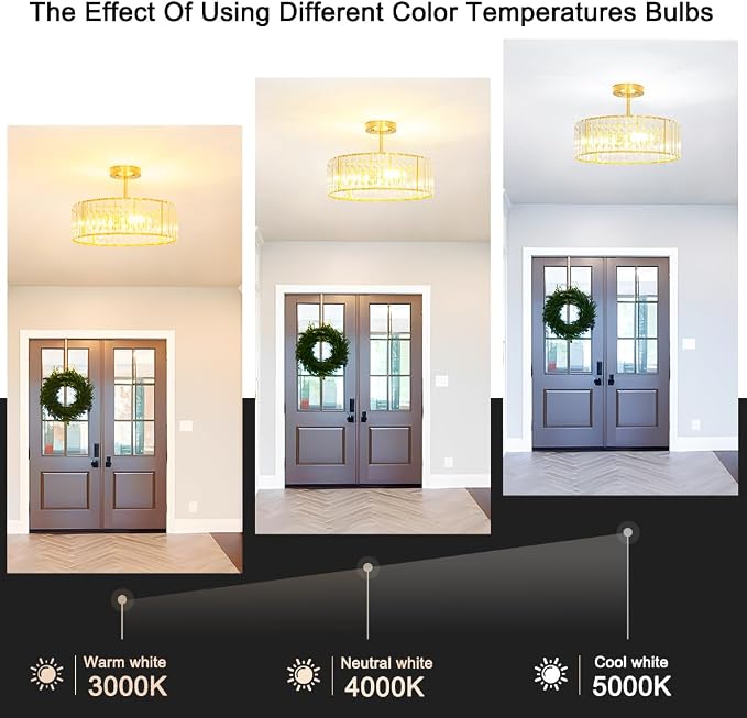 Modern Crystal Ceiling Light Fixture, Semi Flush Mount Ceiling Light, Brushed Brass Hallway Lighting Fixtures Chandelier, Crystal Chandelier for Kitchen Bedroom Dining Room Closet, 5-Light, 16 Inch
