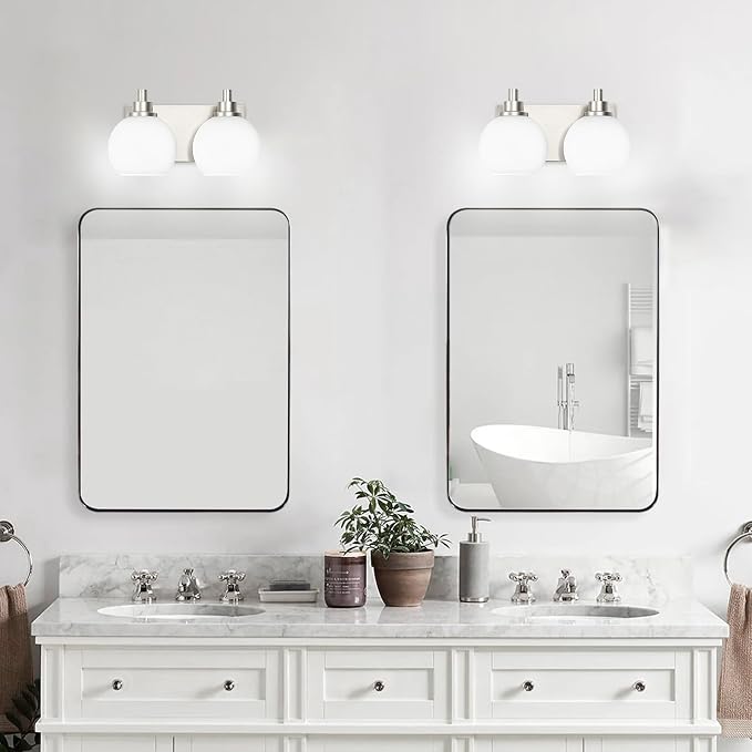 IZORRO Bathroom Light Fixtures, 2-Light Brushed Nickel Vanity Light, Modern Wall Sconces with Globe Milk White Glass Shade, Vanity Lighting Fixtures Over Mirror,E26 Bulb Socket