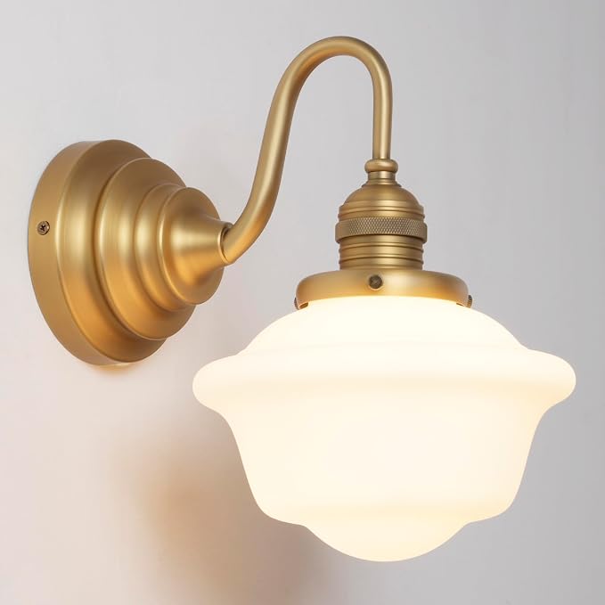 Vintage Wall Sconce Brass Gold Milk Glass Bathroom Vanity Light | 1 Pack,Bathroom Light Fixtures,Antique Brass,Frosted Milk Glass,Hardwired Only,E26 Base,for Bathroom Mirror Hallway