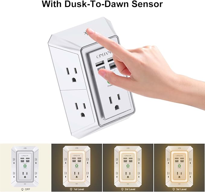 3-Sided Outlet Extender with Night Light - QINLIANF Multi Plug Outlet with 5 Outlets and 4 USB Ports(2 USB-C), USB Wall Charger for Home, Office, Travel, ETL Listed, White