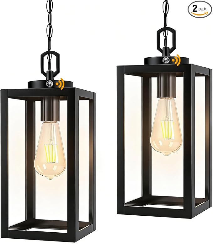 2 Pack 13" Dusk to Dawn Outdoor Pendant Light for Porch,Black Lantern Hanging Chandelier with Adjustable Chain, Anti-Rust Exterior Hanging Ceiling Fixture for Hallway,Front Door,Entryway Patio.