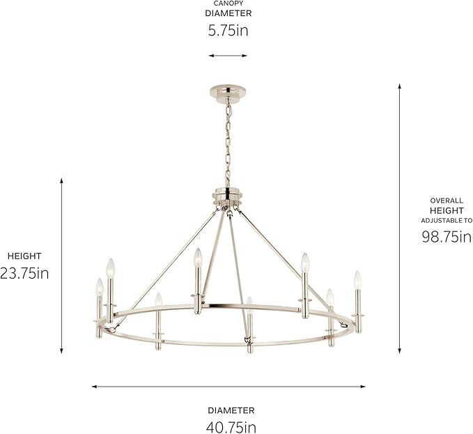 KICHLER Carrick 8-Light Chandelier, Updated Traditional Light in Polished Nickel, Sloped Ceiling Compatible, for Dining Room, Office, Foyer or Bedroom (23.7" x 40.75"), 52706PN