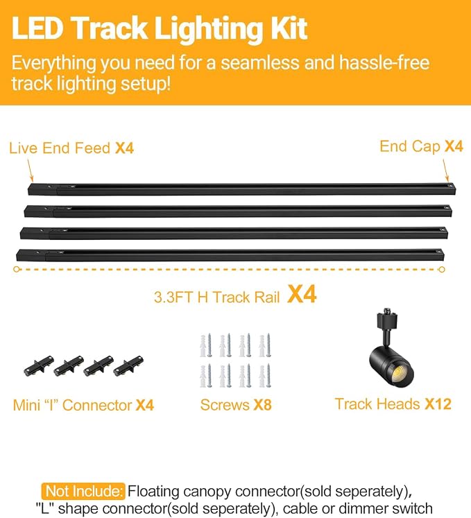 Zoomable 12 Lights LED Track Lighting Kit with 13FT H Type Track Lighting Rails, Dimmable Black Track Lighting Fixtures Ceiling Modern Kitchen Spot Track Light Heads, 3000K CRI90+ 12W 1000lm