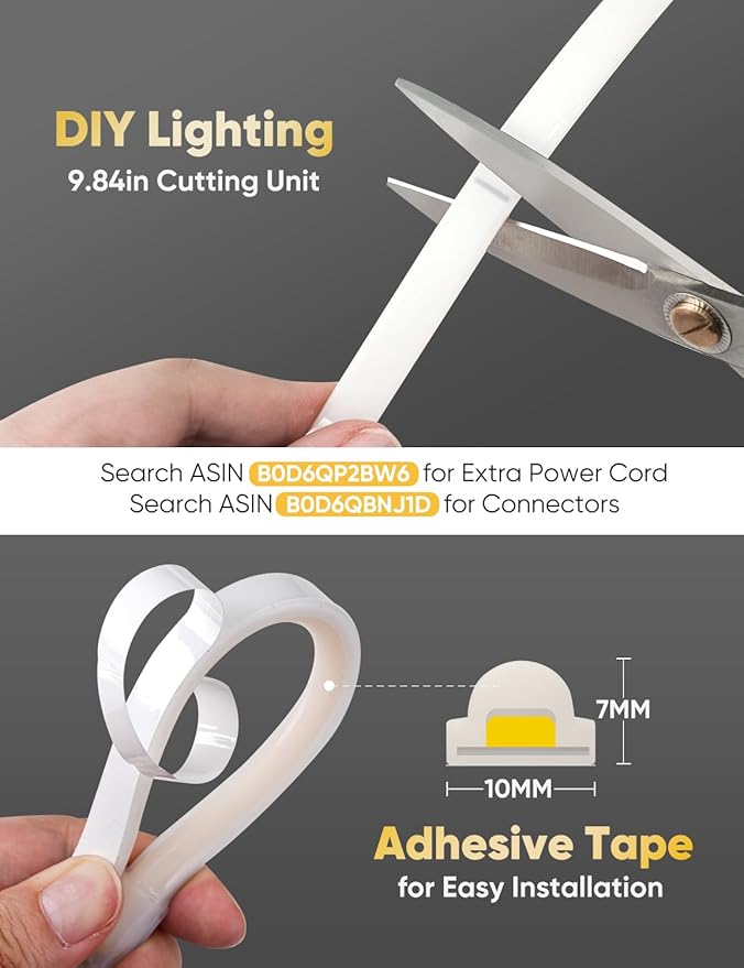 COB Led Neon Rope Lights 98ft 6000K Cool White, 110-120V Outdoor Waterproof Lighting Strip 600lm/m Super Bright, Cuttable and Adhesive, for Roof Bedroom Garden Commercial