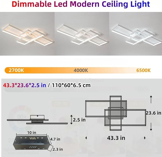 43″ 65W Modern Ceiling Light 3000-6500K Dimmable Kitchen Light Fixtures | Timer Night light Memory function Adjustable brightness color temperature Flush Mount Light Fixture remote control Bedroom
