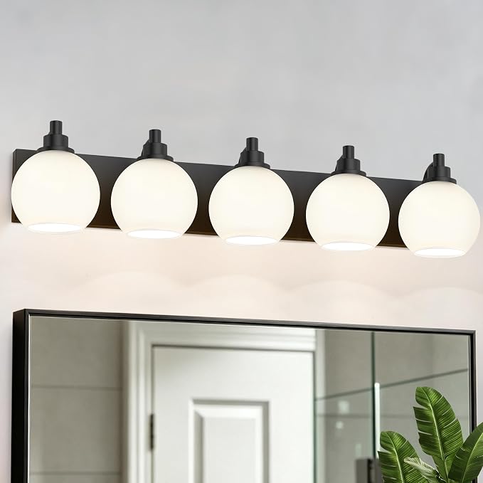 IZORRO Bathroom Light Fixtures, 5-Light Matte Black Vanity Light, Modern Wall Sconces with Globe Milk White Glass Shade, Vanity Lighting Fixtures Over Mirror,E26 Bulb Socket