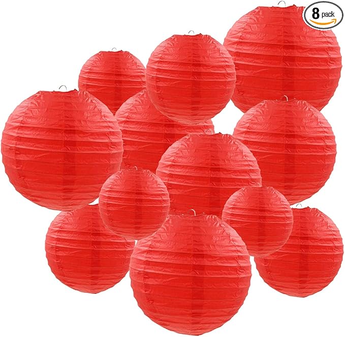 Red Paper Lanterns 12 Pcs Assorted Size of 6" 8" 10" 12" Chinese Round Paper Hanging Decorations Ball Lanterns Lamps for Home Decorations, Parties, and Weddings