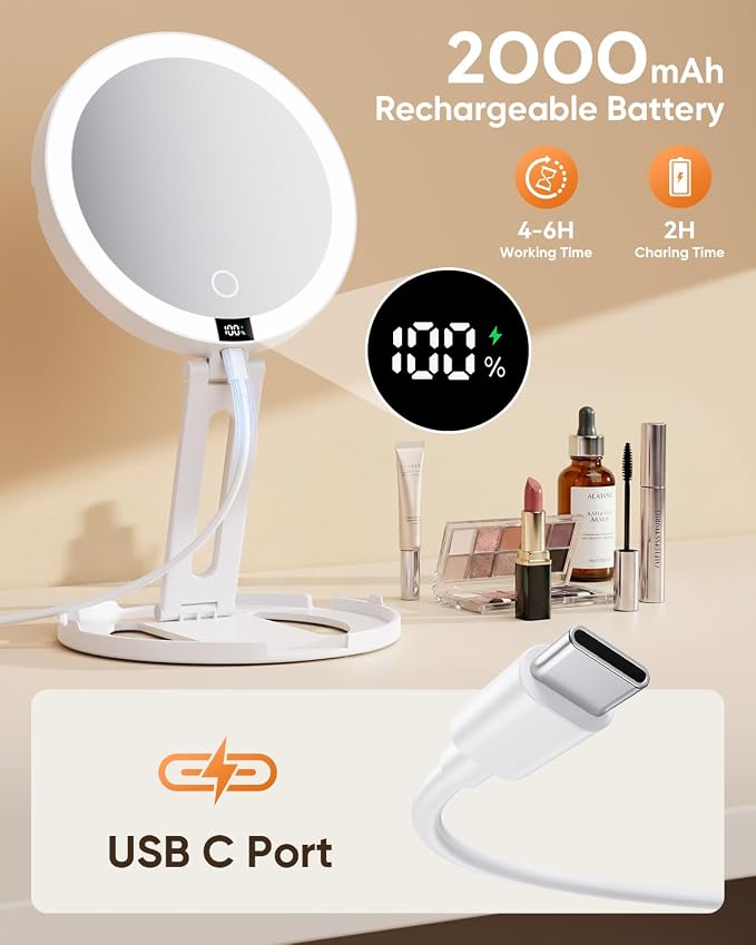 Travel Makeup Mirror with Lights (Gen 3) - 20X/1X Dual Sided Magnifying Mirror - 3 Color Lighting, CRI 95+, Rechargeable - Portable Mirror for Desk & Travel