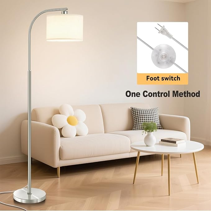Floor Lamp for Living Room,Modern Standing Lamps with 9W LED Bulb,65'' Silver Tall Floor Light with Fabric Shade,3 Color Temperatures Tall Lamp for Bedroom Office Study Room Corner Dining Room