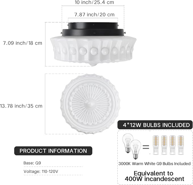 White Milk Glass Ceiling Light Fixture, 13.8'' Flush Mount Lighting for Bedroom, Hallway, Kitchen & Dining Room, Vintage Mid Century Design, 4 LED Bulbs Included, Ideal for Modern Farmhouse