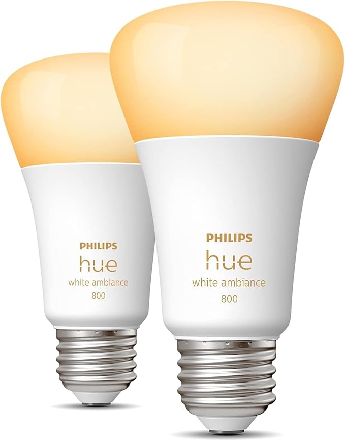 Philips Hue Smart 60W A19 LED Bulb - White Ambiance Warm-to-Cool White Light - 2 Pack - 800LM - E26 - Indoor - Control with Hue App - Works with Alexa, Google Assistant and Apple Homekit | Hue Smart LED Bulb, 2 Pack, 800LM, E26, Indoor, Control, Hue Ap...