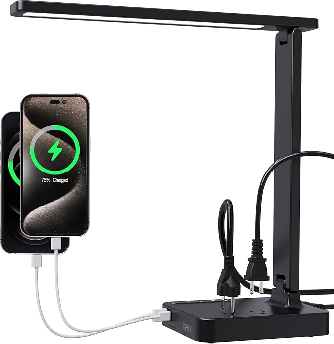 LED Desk Lamp for Dorm Office, USB-C & 2 AC Outlets Charging, Black | LED Desk Lamps for Home Office with 2 USB Charging Ports(1 USB-C), 2 AC Outlets, Foldable Small Desk Lamp for Study Reading