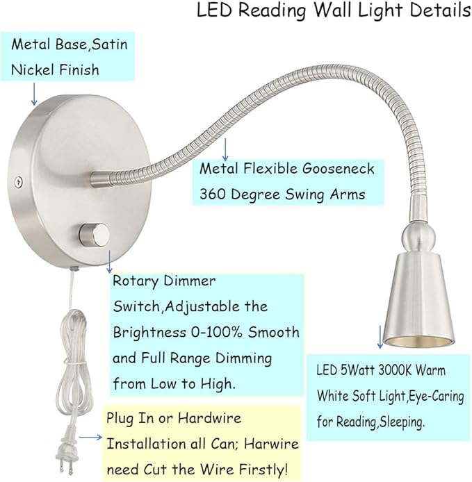 HomeFocus - LED Wall Lamp, Bedside Reading Light, Dimmable 3 Modes, Eye-Caring, Wall Sconces, 5W 3000K Warm White, Flexible Gooseneck, Metal, Satin Nickel