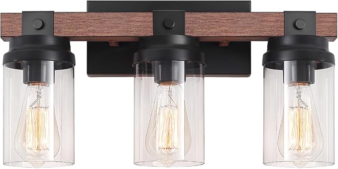 3-Light Farmhouse Vanity Lights Bathroom Lighting Fixtures Over Mirror | Faux Wood Rustic Wall Mount Light with Clear Glass Shade,Industrial Black Metal Wall Sconces for Bathroom Living Room