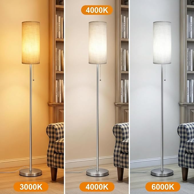Ldeco Floor Lamp for Living Room, Modern Standing Lamps with Lampshade, Minimalist Tall Lamp with Chain Switch for Living Room, LED Bulb Included (Nickel Body+Beige Shade)