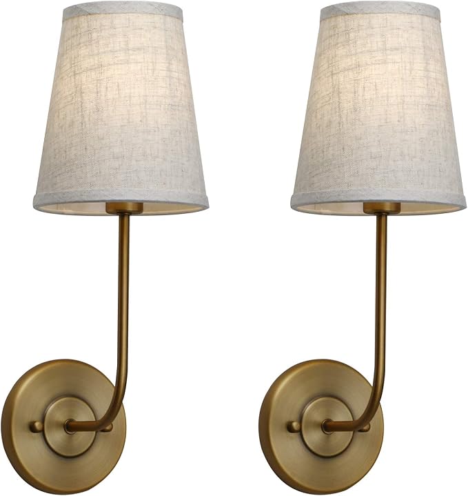 Set of 2 Rustic Wall Sconce Antique Brass Gold Sconce | Sconce Light Fixture with Flared Funnel Linen Fabric Shade Nightstand Lamps for Bedrooms Bedside Reading