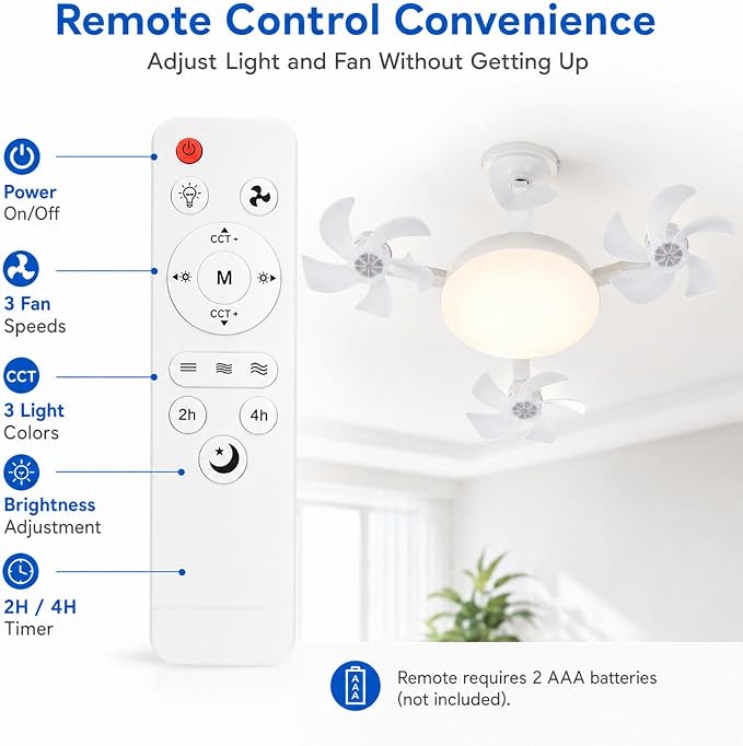 Socket Fan Light, Screw in Ceiling Fan with Remote, Light Socket Fan with LED Light, 3 Speeds, 3 Color Temperatures, Foldable E27 Fan Light for Bedroom Kitchen Garage (4 Head with E27 Adapter)
