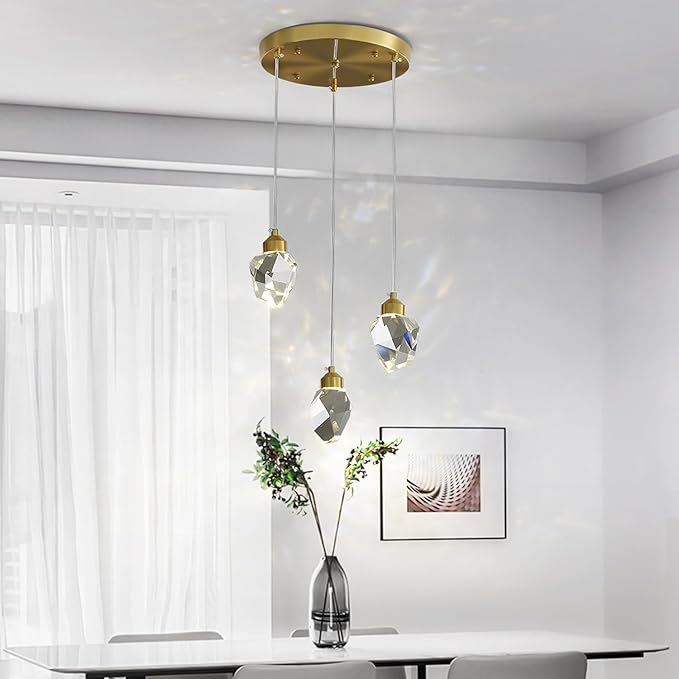 Modern Crystal Pendant Light, 3-Color LED Crystal Pendant Lamp, Adjustable Height Gold Ceiling Hanging Lamp, for Kitchen Island Dining Room Living Room Decor Lighting (3-Head Round Base)