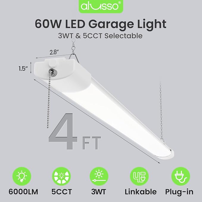 ALUSSO® LED Shop Lights 4FT for Garage, 6000LM Super Bright, Adjustable 2700K-6500K Color Temperature, 120V, Warm to Cool Daylight Linkable Shop Lights for Workshop, 4 Pack