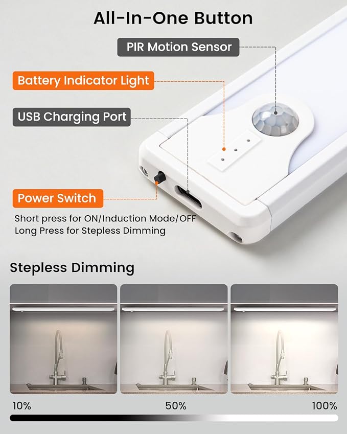 8 Inch Under Cabinet Lights, 41 LED Rechargeable Magnetic Motion Sensor Light Indoor, Brightness Dimmable 6000K Stepless Dimming Closet Light, for Under Counter, Kitchen, Stairs, Closet, 5 Packs