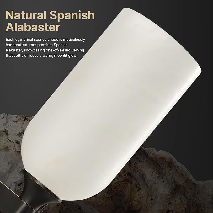 14" Alabaster Wall Sconce, Antique Oil Rubbed Bronze Black Brass | Natural Spanish Alabaster, Unique Marble Pattern, Solid Aged Brass, Elegant Statement Design, Horizontal or Vertical Mounting