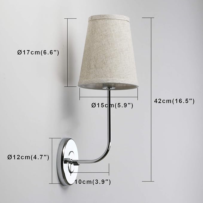 Single Classic Rustic Industrial Wall Sconce Light Fixture with Flared Funnel Linen Fabric Shade Nightstand Lamps for Bedrooms Bedside Reading (Chrome)
